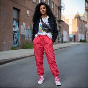 VINTAGE Nylon Windbreaker Jogger Pants in Coral Red Pink Size M LIKE NEW